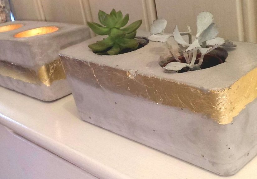Concrete and Gold Tea Light Votive and Planter
