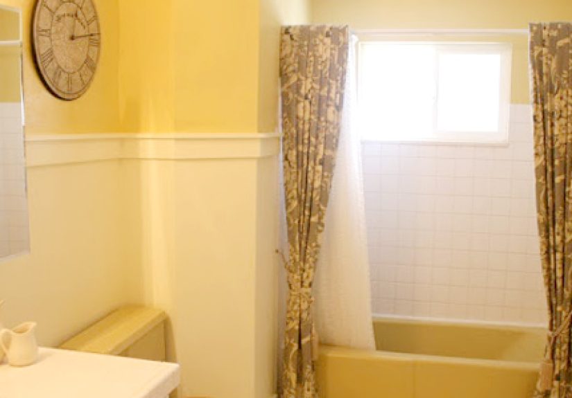 Mustard Yellow Tub and Toilet Updated Bathroom